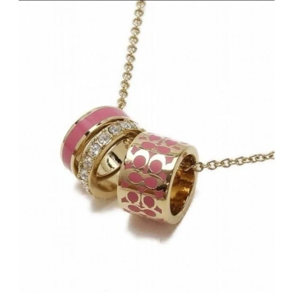 Coach Gold-Plated Signature Rondell 3 ring pink enamel Necklace 16 + 2”